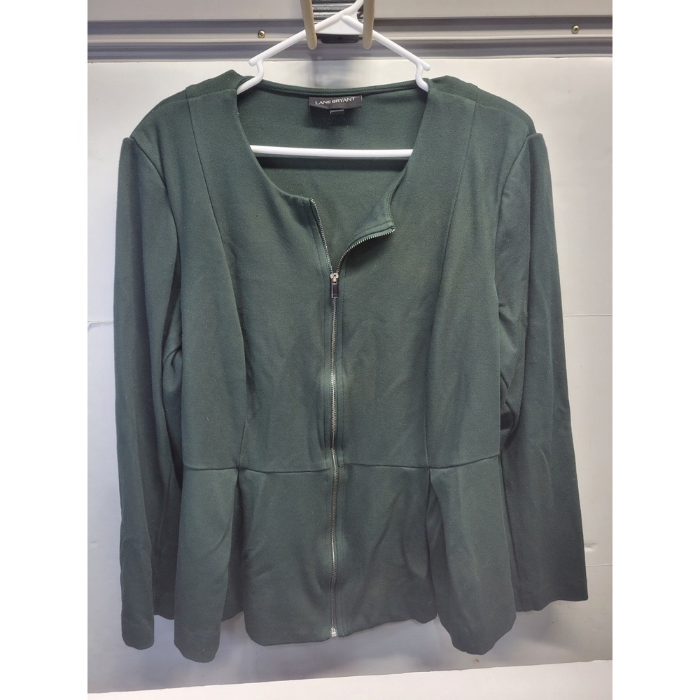 Lane Bryant Hunter Green Zip Front Peplum‎ Jacket Plus Size 22 Collarless Ponte